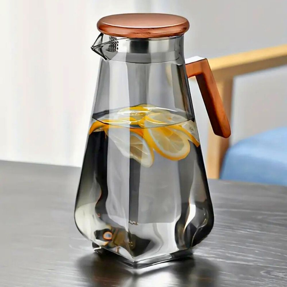 Water Jug Set – 1400ml Smoky Grey Pitcher with Walnut Handle & Lid + 6pcs 220ml Glass Cups, Heat-Resistant Drinkware for Water, Juice & Beverages