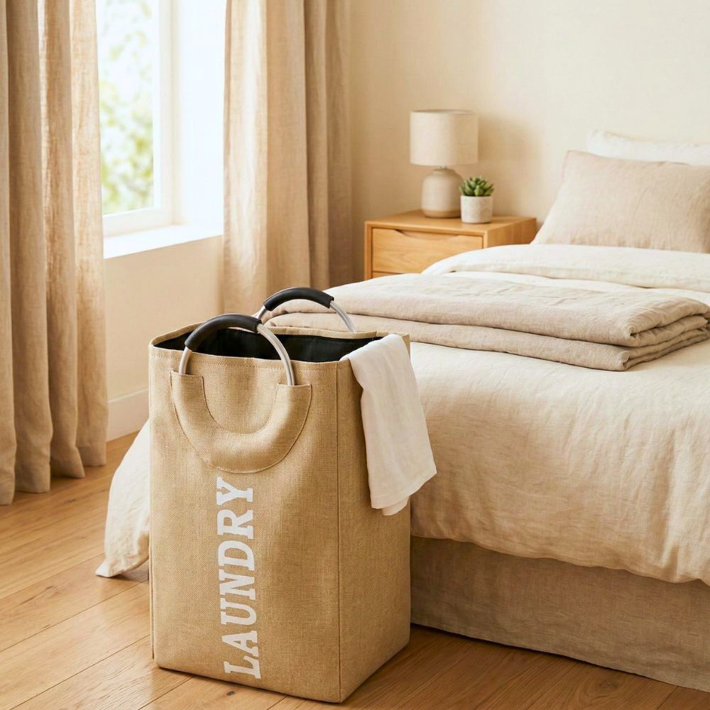 Foldable Laundry Basket with Handle, 30x20x50cm, 55Ltr, Large Capacity, Waterproof, Dirty Clothes Storage Bag, Space Saving, Beige