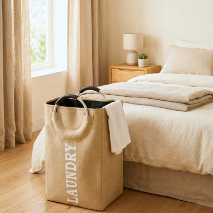 Foldable Laundry Basket with Handle, 30x20x50cm, 55Ltr, Large Capacity, Waterproof, Dirty Clothes Storage Bag, Space Saving, Beige