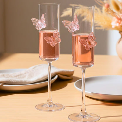 Butterfly Champagne Glass Set of 2, Flute Shape, Pink Butterfly Design, 180ML, for Red Wine, White Wine, Champagne, Sparkling Drinks