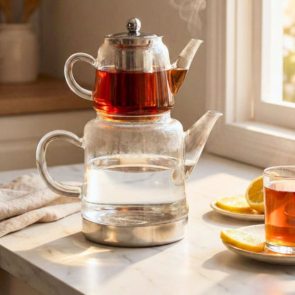 Borosilicate Glass Turkish Tea Maker Set (Çaydanlık), 450ML Teapot & 1500ML Kettle, Heat-Resistant Tea Set for Gas & Electric Stove, Traditional Caydanlik