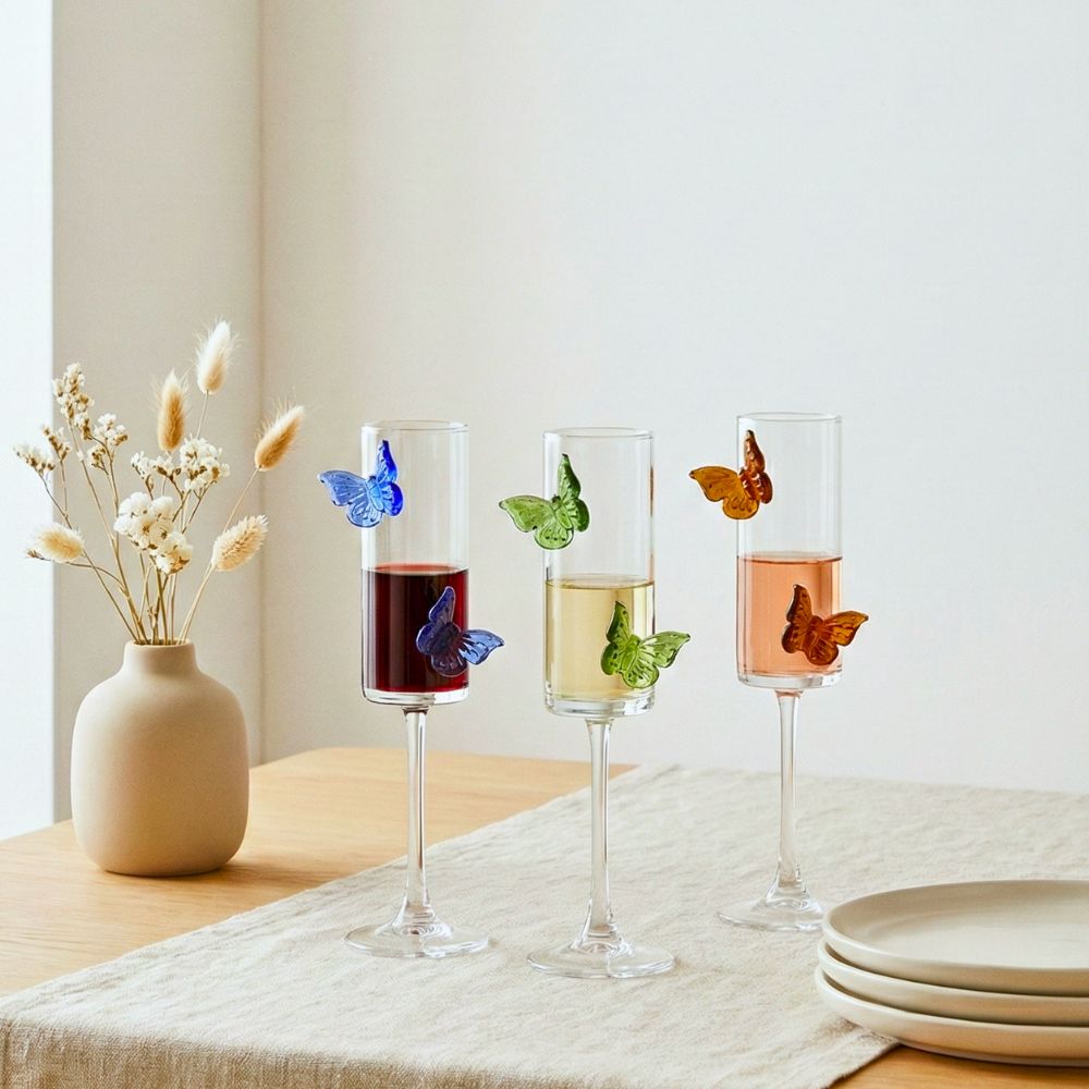 Butterfly Champagne Glass Set of 6, 180ML Flute Shape Wine Glasses with Sapphire, Emerald & Amber Butterfly Design, Elegant Glassware for Champagne, Red & White Wine