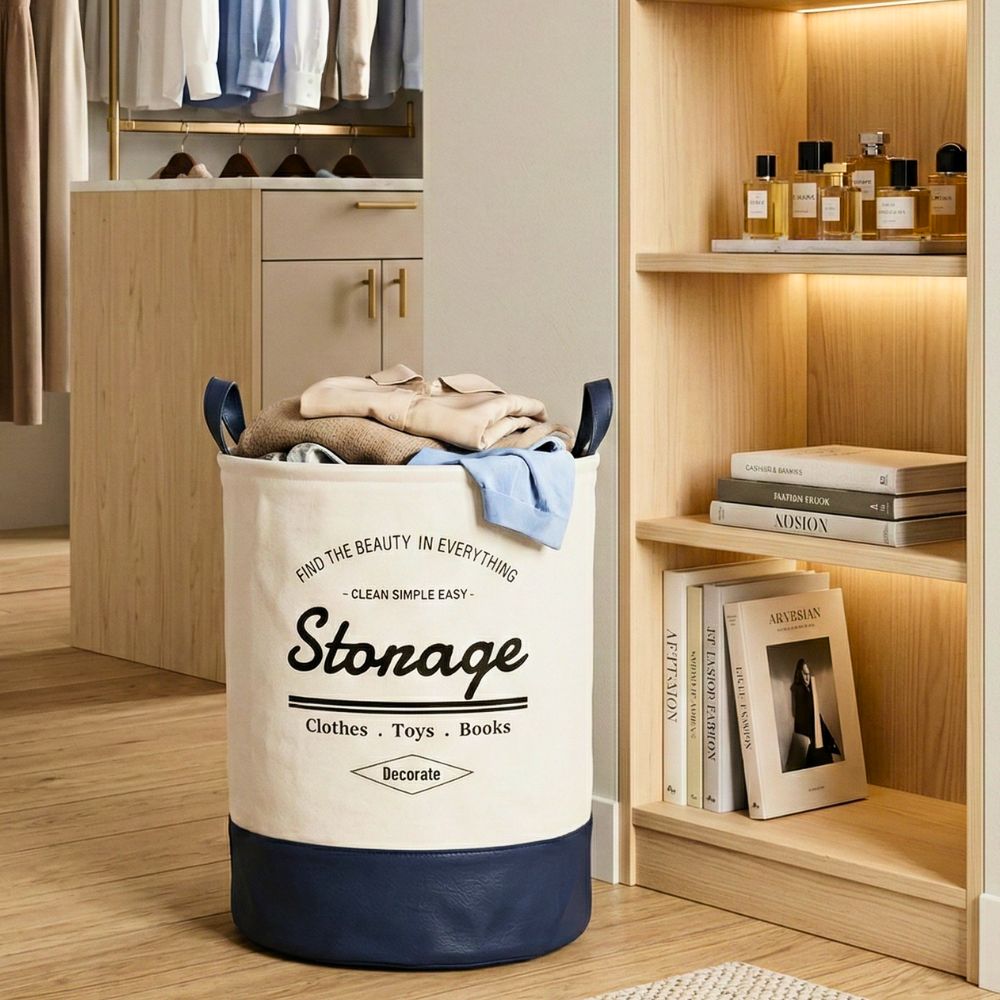 Round Foldable Laundry Basket with Leather Base – 60L
