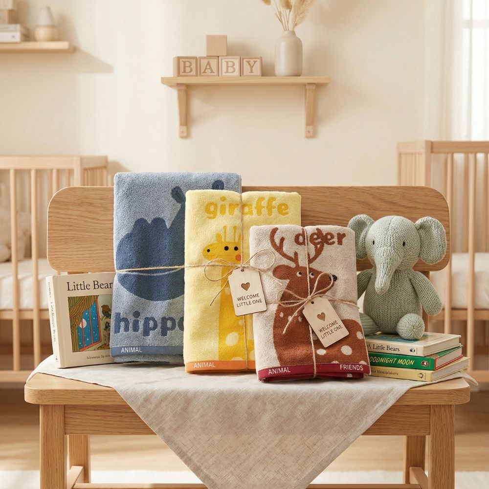 Kids Hand Towel Set 3PCS – 100% Cotton Soft & Absorbent Face Towels, Hippo Giraffe Deer Animal Design Towels for Kids, Baby & Daily Use