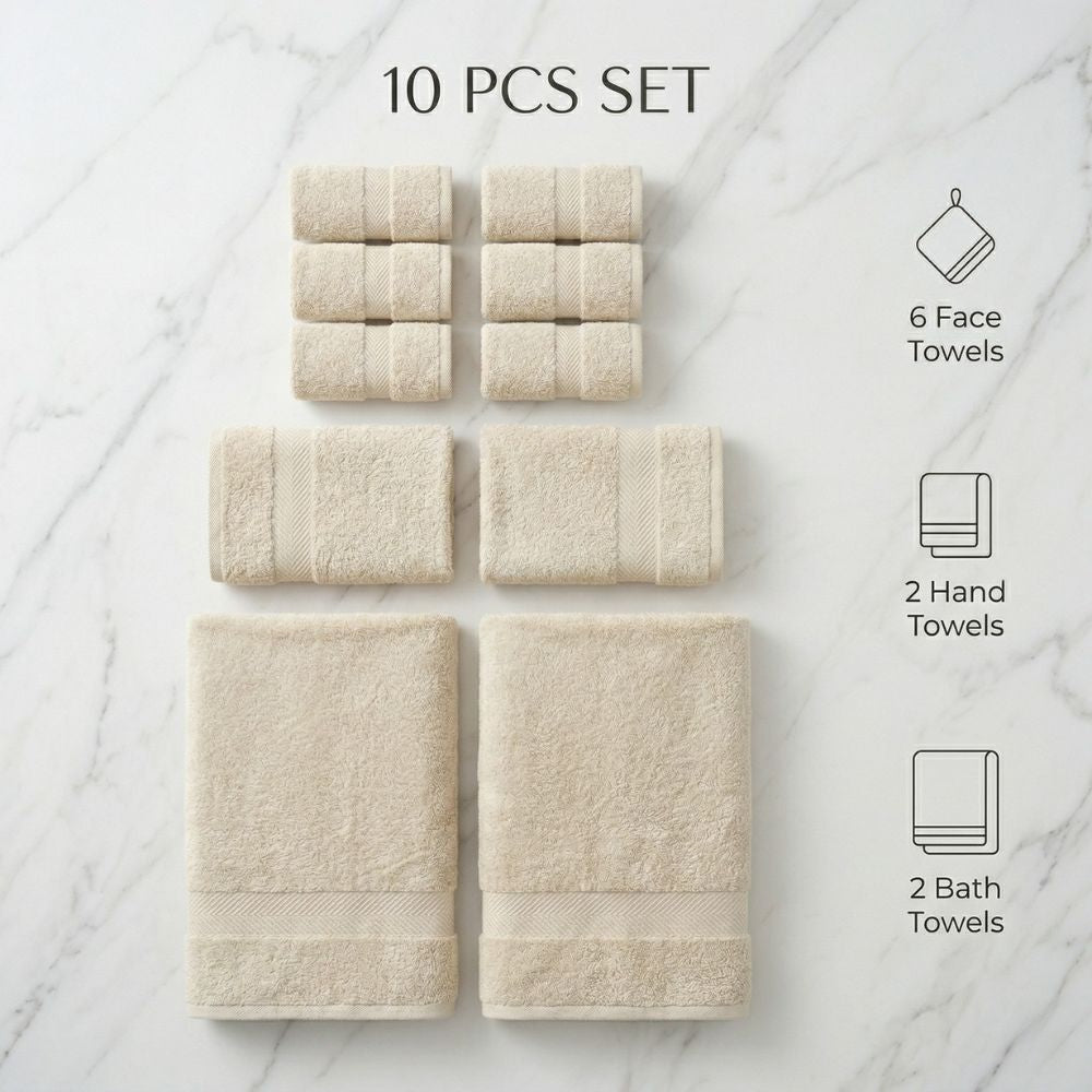 Premium Towel Set 10 Piece | 100% Egyptian Cotton 600 GSM | 2 Bath + 2 Hand + 6 Washcloths