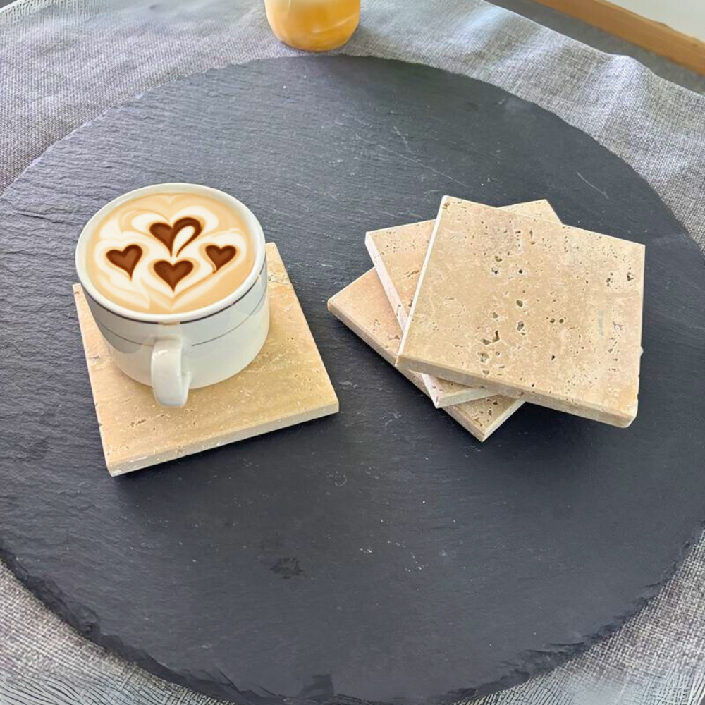 Natural Travertine Marble Coasters – Set of 4 (10x10cm) | Premium Travertine Marble Drink Coasters for Home & Office