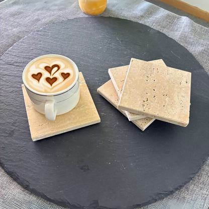 Natural Travertine Marble Coasters – Set of 4 (10x10cm) | Premium Travertine Marble Drink Coasters for Home & Office