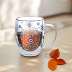 Evil Eye Double Wall Glass Coffee Mugs – 350ml, Set of 2 | Insulated Heat-Resistant Cups for Hot & Cold Beverages