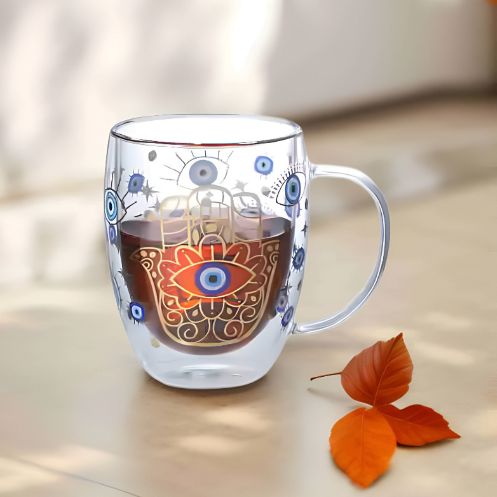 Evil Eye Double Wall Glass Coffee Mugs – 350ml, Set of 2 | Insulated Heat-Resistant Cups for Hot & Cold Beverages