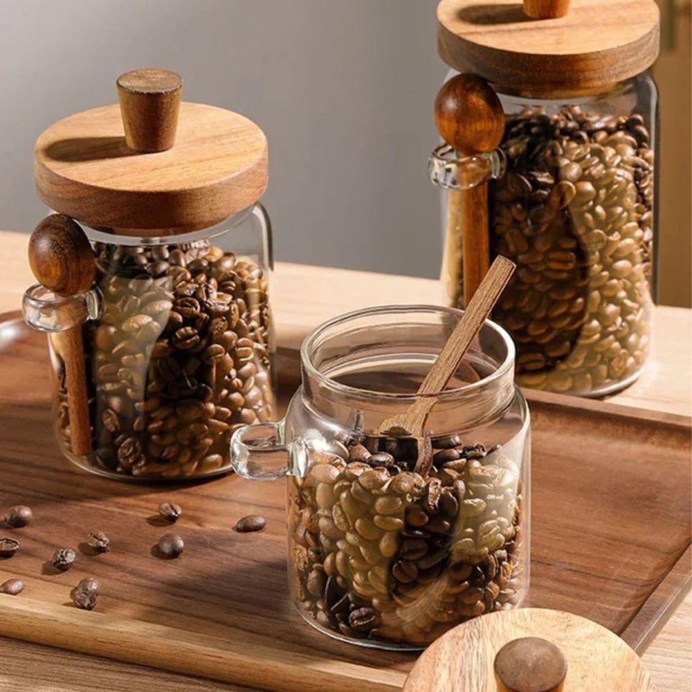 Glass Storage Jar with Acacia Wooden Lid & Spoon – Airtight Food Container for Coffee, Tea, Sugar, Spices & Dry Foods – 400ml / 600ml / 800ml Kitchen Canister