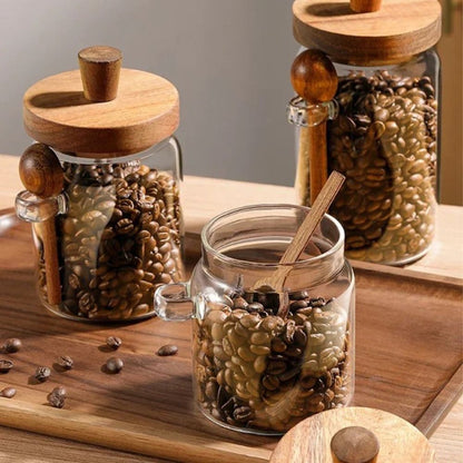 Glass Storage Jar with Acacia Wooden Lid & Spoon – Airtight Food Container for Coffee, Tea, Sugar, Spices & Dry Foods – 400ml / 600ml / 800ml Kitchen Canister