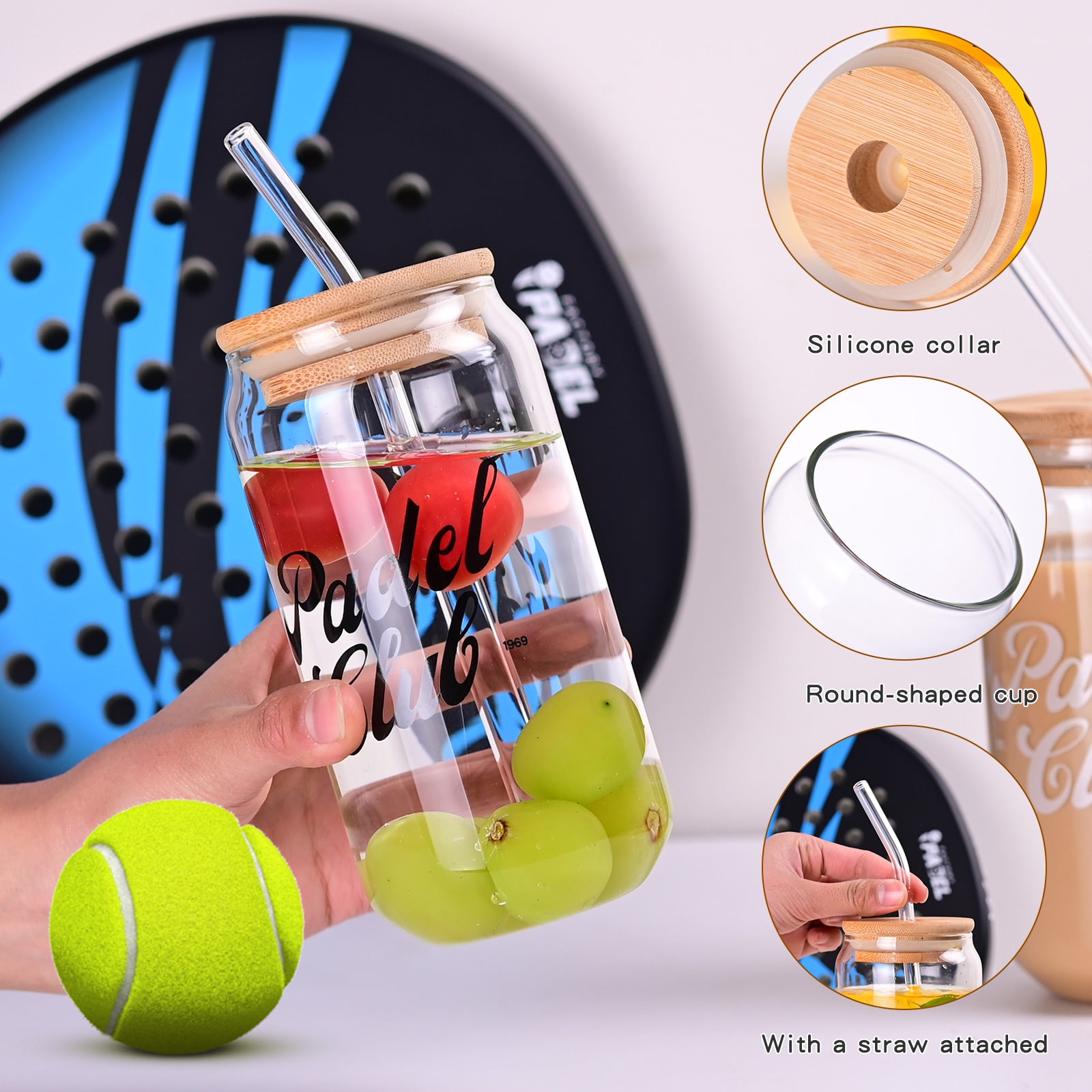 1CHASE Padel Club Sipper Glasses With Bamboo Lid & Glass Straw, 550ML (Set of 2) | Mason Jar Can-Shaped Tumblers | Printed Padel Club Sipper for Juice, Coffee, Iced Tea & Smoothies