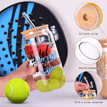 1CHASE Padel Club Sipper Glasses With Bamboo Lid & Glass Straw, 550ML (Set of 2) | Mason Jar Can-Shaped Tumblers | Printed Padel Club Sipper for Juice, Coffee, Iced Tea & Smoothies