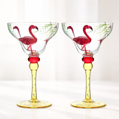 Hand Painted Margarita Glasses Moroccan Collection, Flamingo Design 270ML Set of 2, Artisan Decorative Cocktail Glassware, Unique Kitchen Table Décor Glasses