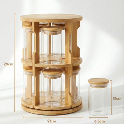 Rotating Bamboo Tabletop Spice Rack with 10 Glass Jars, 360° Swivel Organizer with Wooden Lids for Kitchen Counter, Herbs, Spices & Seasonings