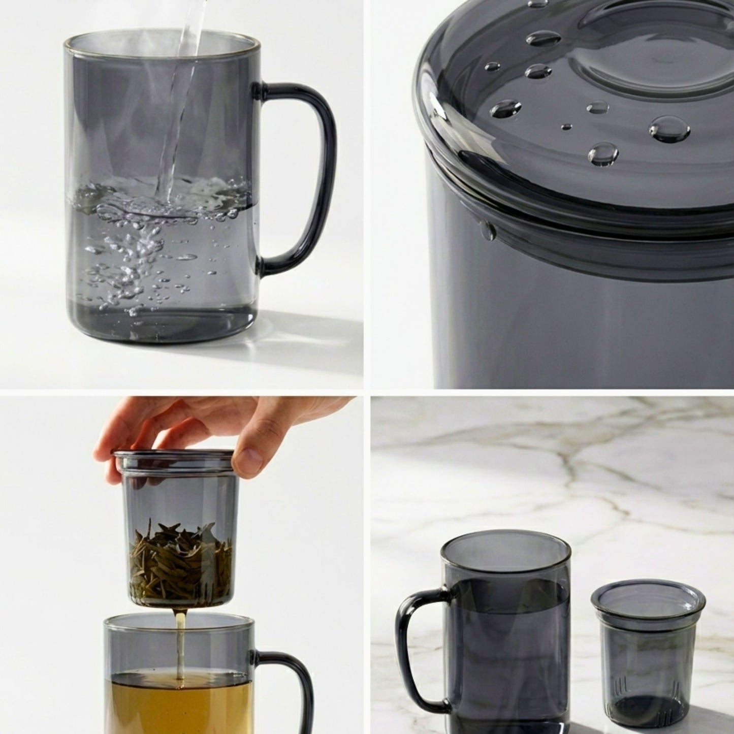 Smoky Grey Borosilicate Glass Mug with Handle and Infuser, 450ml, Heat-Resistant Tea and Coffee Mug with Lid, 1Pc
