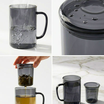 Smoky Grey Borosilicate Glass Mug with Handle and Infuser, 450ml, Heat-Resistant Tea and Coffee Mug with Lid, 1Pc