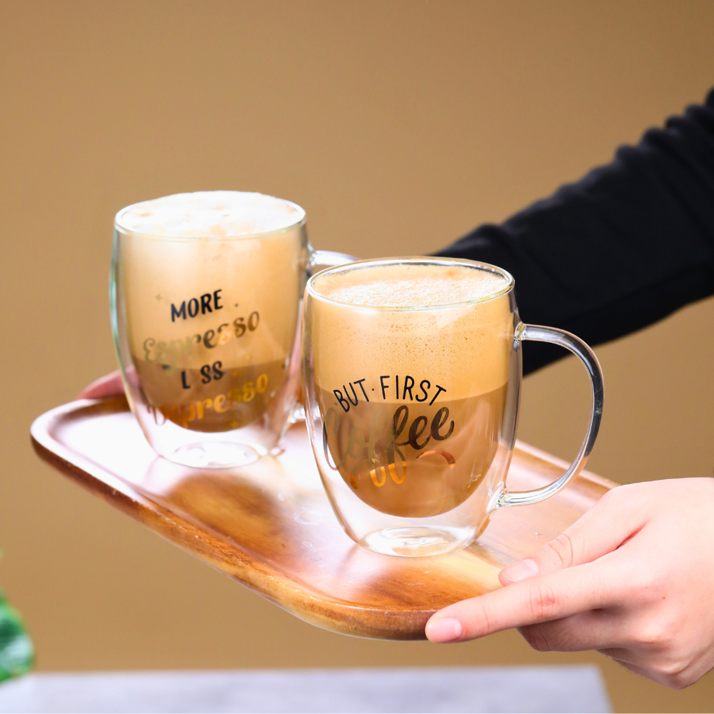 Double Wall Glass Mugs with Handle – "But First Coffee" & "More Espresso Less Depresso" Print – 350ml Heat-Resistant Insulated Cups – Set of 2 for Coffee, Tea, Hot & Cold Beverages