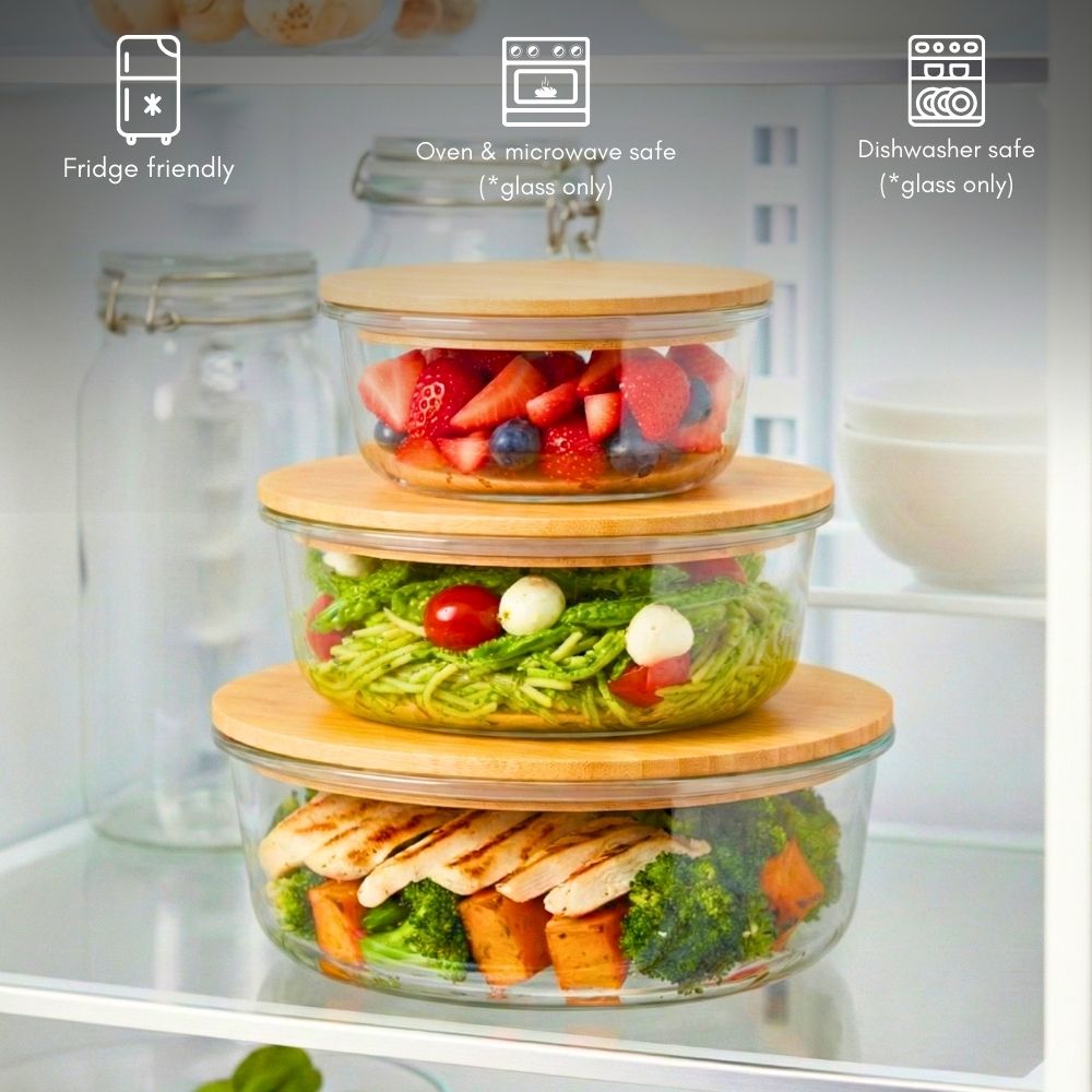 Borosilicate Round Glass Food Storage Containers with Bamboo Lids, 3 Sizes 400ML 650ML 1000ML, Airtight BPA-Free Meal Prep & Lunch Boxes, Reusable Plastic-Free Containers