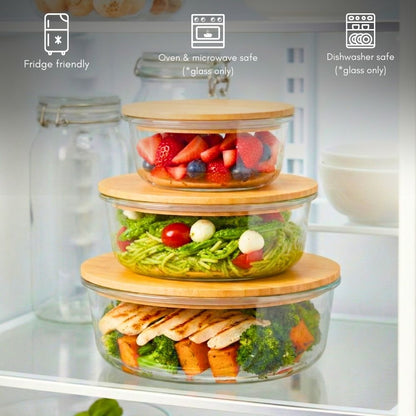 Borosilicate Round Glass Food Storage Containers with Bamboo Lids, 3 Sizes 400ML 650ML 1000ML, Airtight BPA-Free Meal Prep & Lunch Boxes, Reusable Plastic-Free Containers