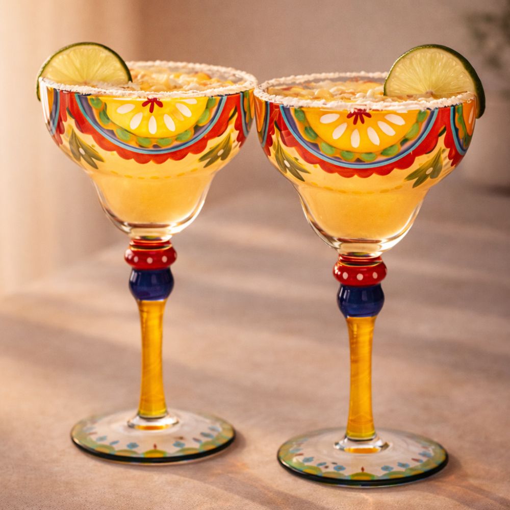 Hand Painted Margarita Glasses Moroccan Collection, Orange Blossom Design 270ML Set of 2, Artisan Decorative Cocktail Glassware, Unique Kitchen Table Décor Glasses