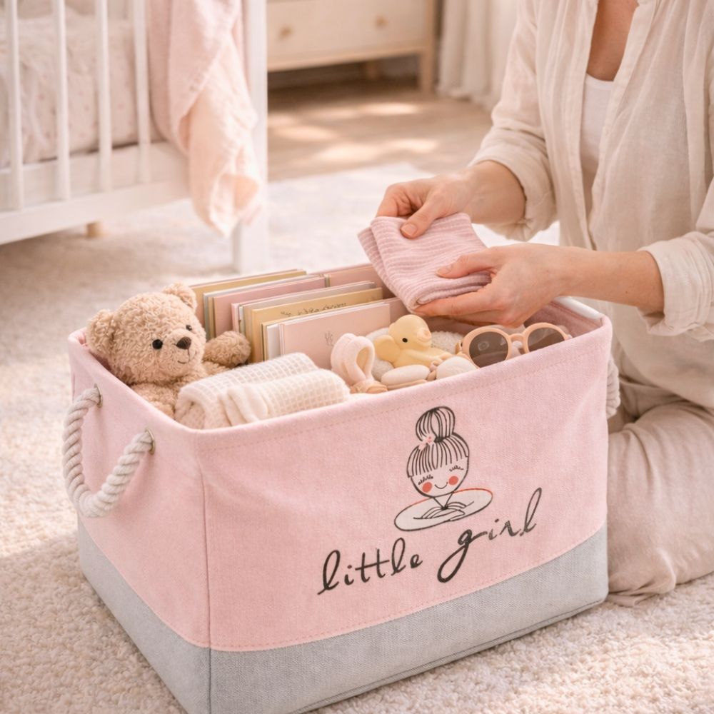 Kids Ballet Bow Rectangular Storage Basket 50L (40x28x24cm) – Foldable Canvas Toy & Laundry Organizer with Rope Handles for Nursery, Bedroom & Playroom