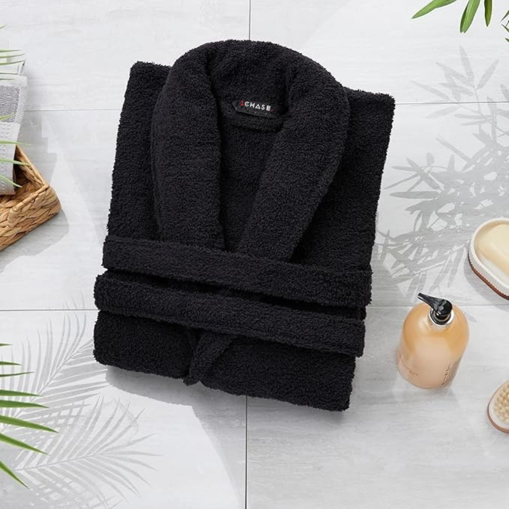 Cotton Terry Bathrobe – Shawl Collar, Black, L/XL, Unisex