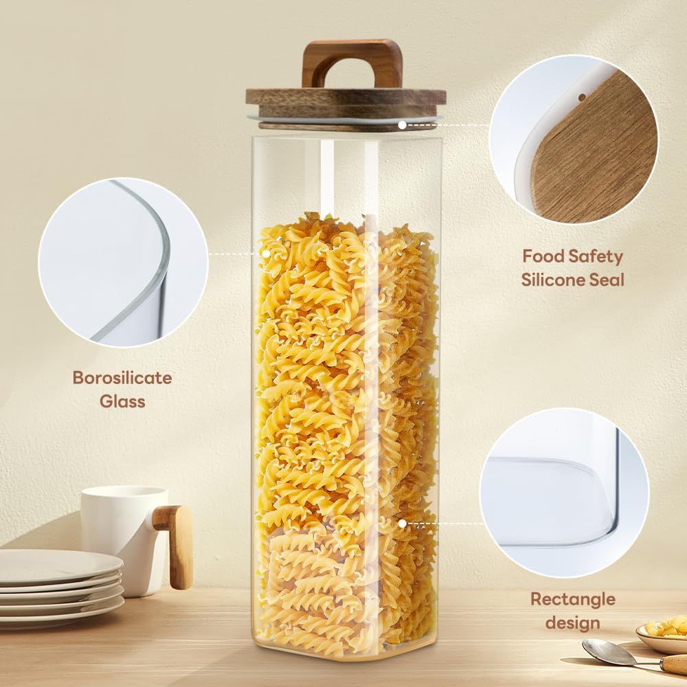 Square Glass Storage Jars with Acacia Wood Lids – Set of 2 (1800ml) Large Pantry Containers with Handle Lids for Pasta, Oats, Flour, Cookies, Coffee, Rice & More