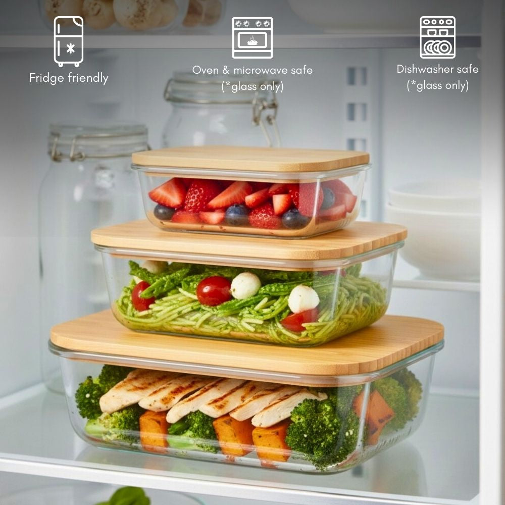 Borosilicate Glass Food Containers with Bamboo Lids – Set of 3