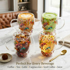 Double Wall Dry Flower Glass Coffee Cups with Handle 350ML – Set of 2