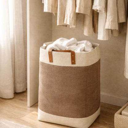 Foldable Velvet Laundry Basket 60L (55x35x30cm) with Leather Handles – Natural Jute Style Storage Bin for Clothes, Blankets & Home Organization