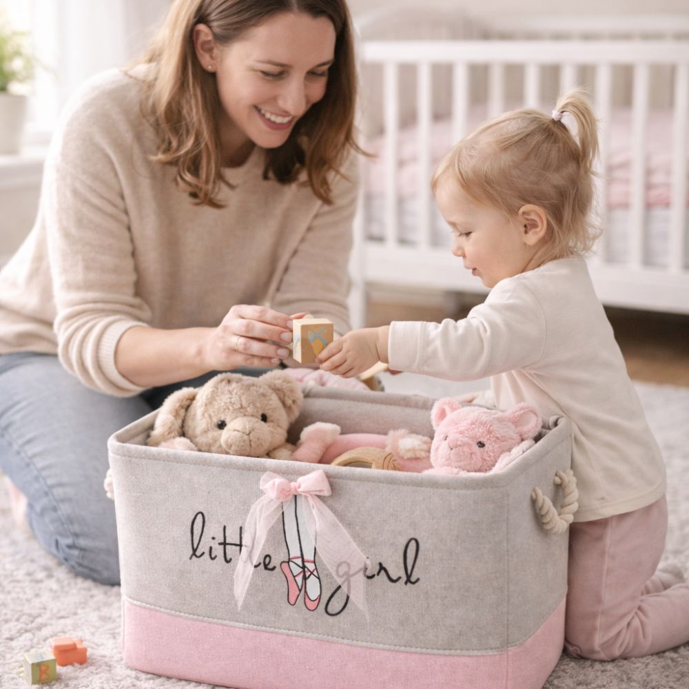 Kids Ballet Bow Rectangular Storage Basket 50L (40x28x24cm) – Foldable Canvas Toy & Laundry Organizer with Rope Handles for Nursery, Bedroom & Playroom