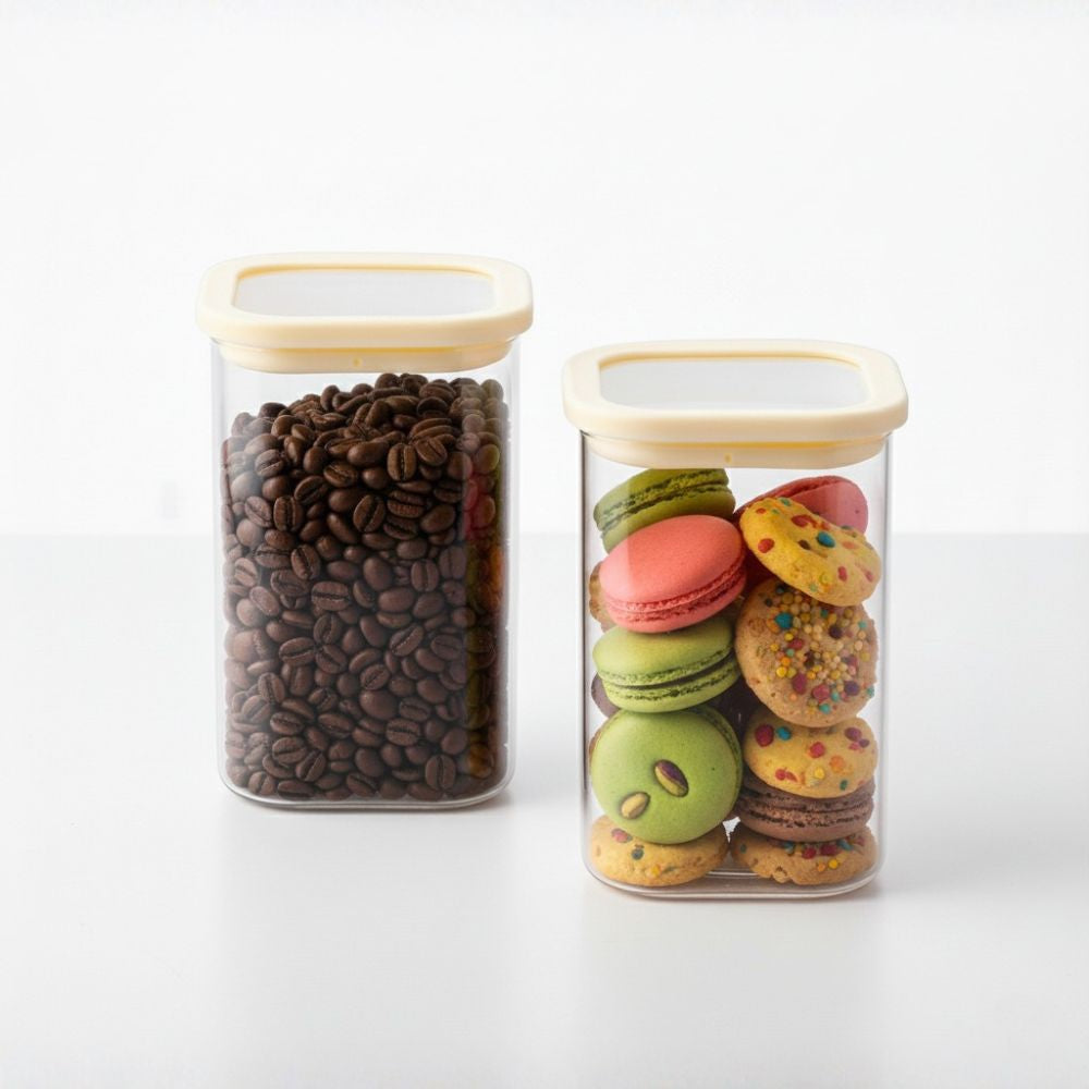 1CHASE Square Glass Storage Jars – 1100ML (Set of 2) | Airtight & Stackable Borosilicate Food Storage Jars with Silicone Lids for Kitchen, Pantry, Snacks, Spices & Dry Food