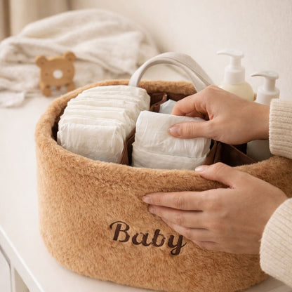 Baby Diaper Caddy Organizer – Soft Plush Nursery Storage Basket with Handles, Portable Changing Table & Car Organizer for Newborn Essentials