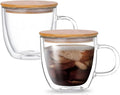 Double Wall Glass Coffee Cups with Handle & Bamboo Lid 250ML – Set of 2