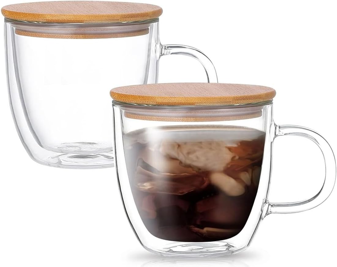 1CHASE Double Walled Glass Coffee Cups with Handle and with Bamboo Lid, Insulated Coffee Mugs Perfect for Cappuccino, Macchiato, Latte, Tea, Juice, Iced & Hot Pack Of 2 (250Ml)