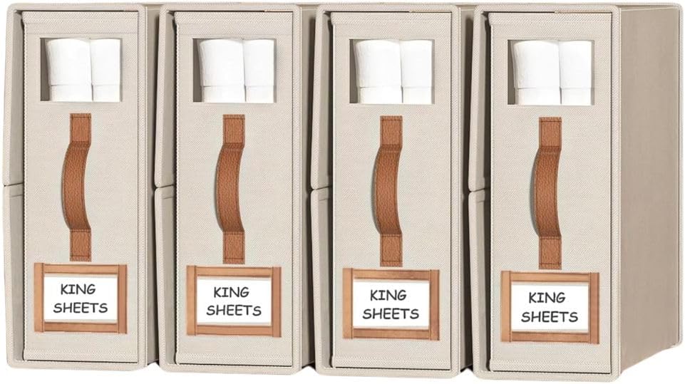 Bed Sheet Organizers 4-Pack Foldable Linen Closet Organizer with Clear Window – Beige