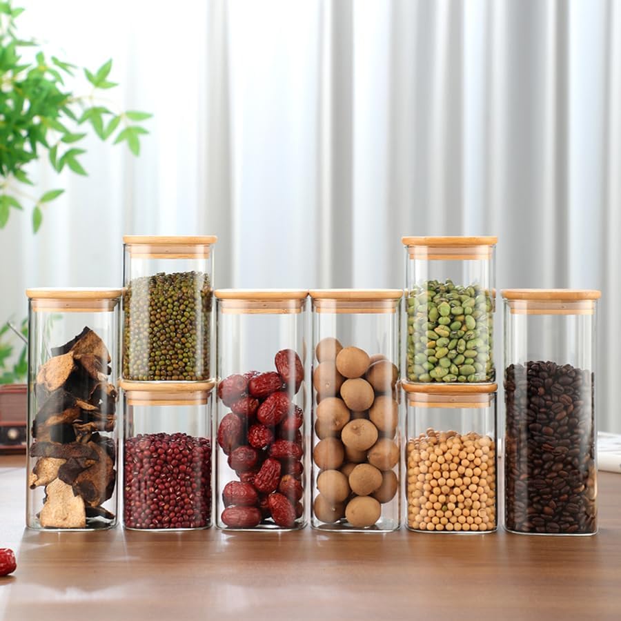 1CHASE Borosilicate Glass Storage Jars with Bamboo Lids (Set of 8), Air Tight Kitchen Food Cereal Containers for Storage, Canister Set Ideal for Flour, Sugar, Coffee, Candy, Spice Jars Coffee