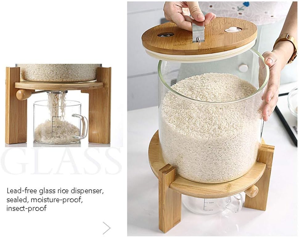 1CHASE Borosilicate Glass Rice Dispenser with Wooden Stand - 5L/8L Flour and Cereal Container with Airtight Bamboo Lid, Glass Measuring Cup, and Multipurpose Storage for Kitchen(5L)