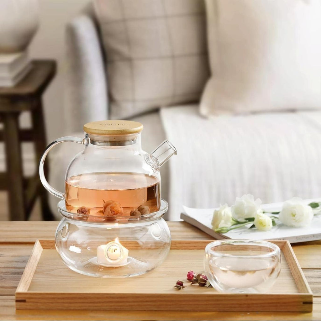 Borosilicate Glass Teapot with Bamboo Lid 1000 ML with Tea Warmer and 80 ml Double Wall Glass 6 Pc Set for Blooming Tea, Flower Tea, Loose Leaf Tea, Espresso, Tea, coffee…