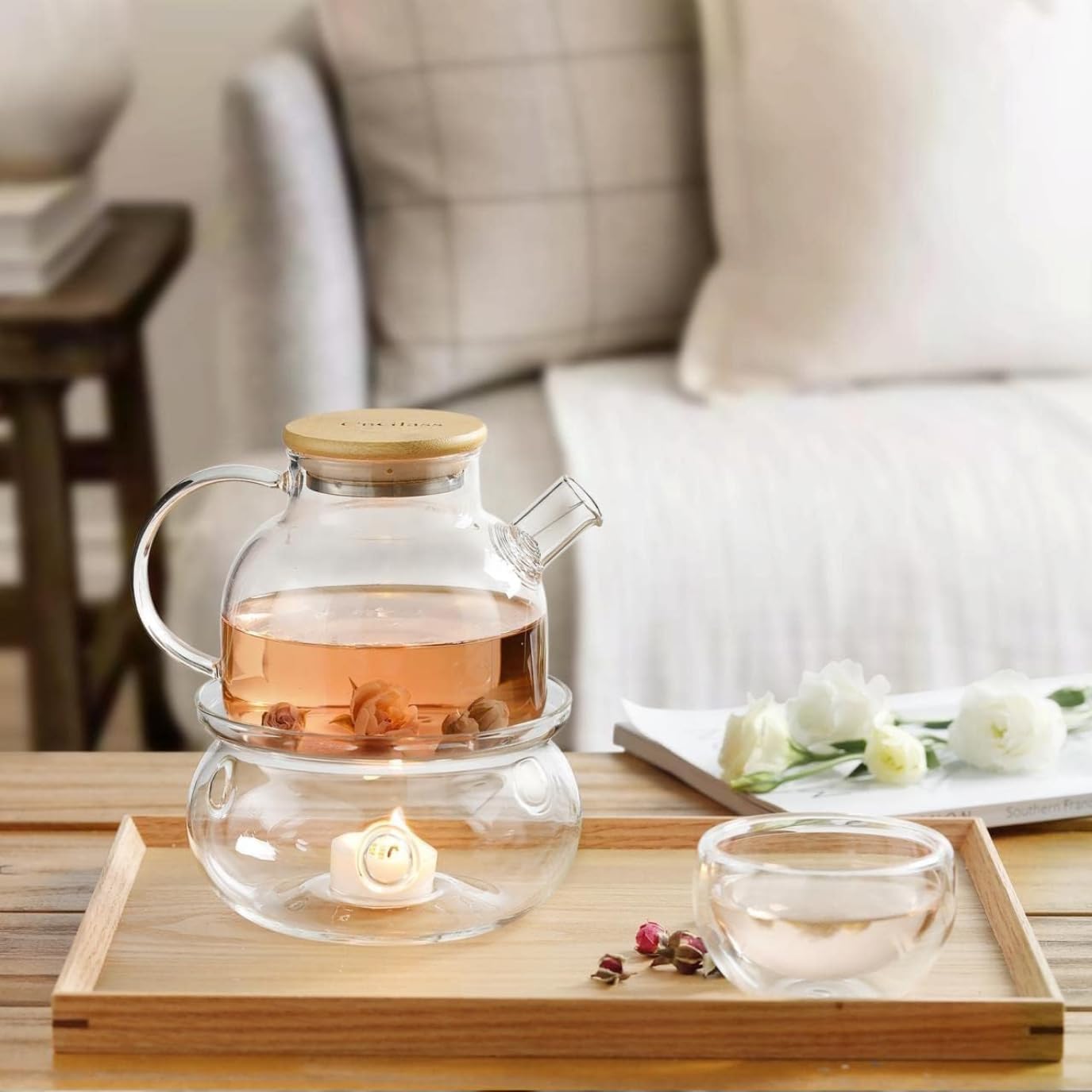 1CHASE Borosilicate Glass Teapot with Bamboo Lid 1000 ML with Tea Warmer and 80 ml Double Wall Glass 6 Pc Set for Blooming Tea, Flower Tea, Loose Leaf Tea, Espresso, Tea, coffee…