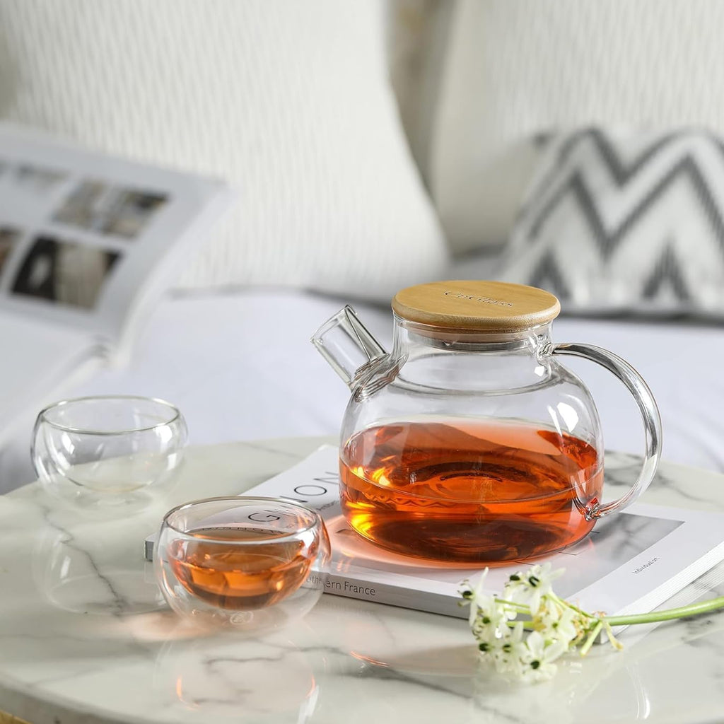 Borosilicate Glass Teapot with Bamboo Lid 1000 ML with Tea Warmer and 80 ml Double Wall Glass 6 Pc Set for Blooming Tea, Flower Tea, Loose Leaf Tea, Espresso, Tea, coffee…