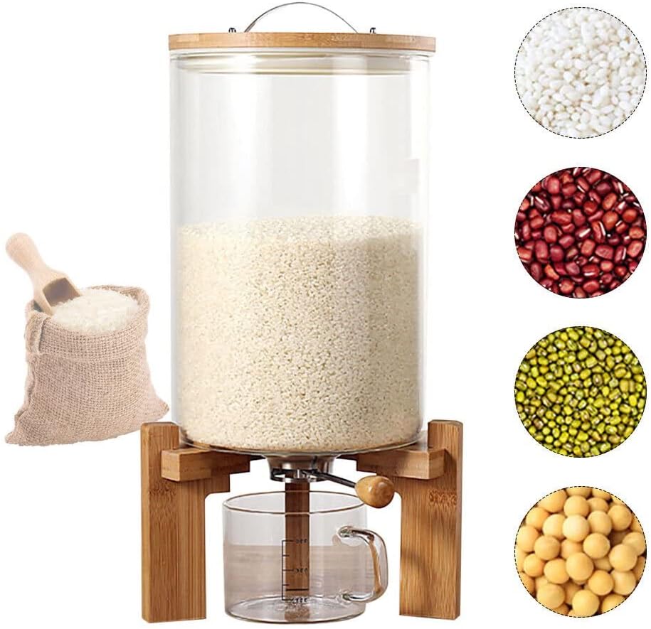 Borosilicate Glass Rice Dispenser with Wooden Stand – 8L