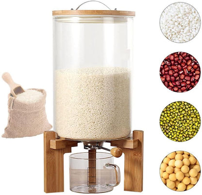 1CHASE Borosilicate Glass Rice Dispenser with Wooden Stand - 5L/8L Flour and Cereal Container with Airtight Bamboo Lid, Glass Measuring Cup, and Multipurpose Storage for Kitchen (8L)