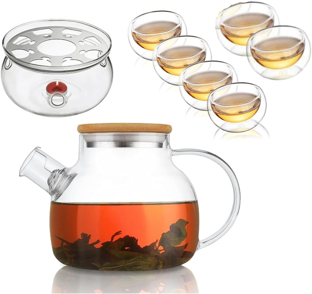 Borosilicate Glass Teapot with Bamboo Lid 1000 ML with Tea Warmer and 80 ml Double Wall Glass 6 Pc Set for Blooming Tea, Flower Tea, Loose Leaf Tea, Espresso, Tea, coffee…