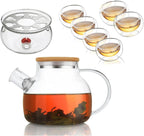 Borosilicate Glass Teapot with Bamboo Lid 1000 ML with Tea Warmer and 80 ml Double Wall Glass 6 Pc Set for Blooming Tea, Flower Tea, Loose Leaf Tea, Espresso, Tea, coffee…