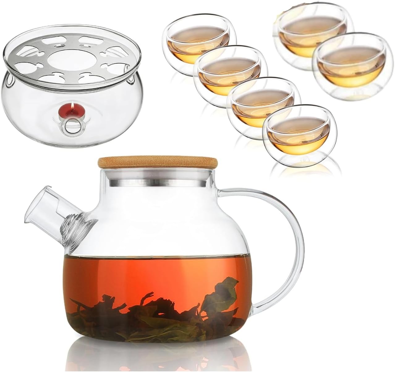 Borosilicate Glass Teapot with Bamboo Lid 1000 ML with Tea Warmer and 80 ml Double Wall Glass 6 Pc Set for Blooming Tea, Flower Tea, Loose Leaf Tea, Espresso, Tea, coffee…