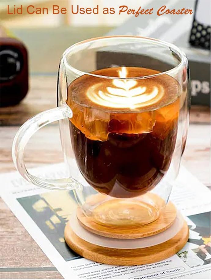 Double Wall Glass Coffee Cups with Handle & Bamboo Lid 350ML – Set of 2