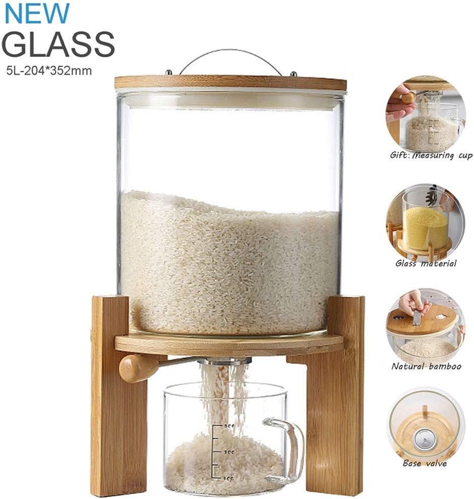 1CHASE Borosilicate Glass Rice Dispenser with Wooden Stand - 5L/8L Flour and Cereal Container with Airtight Bamboo Lid, Glass Measuring Cup, and Multipurpose Storage for Kitchen(5L)