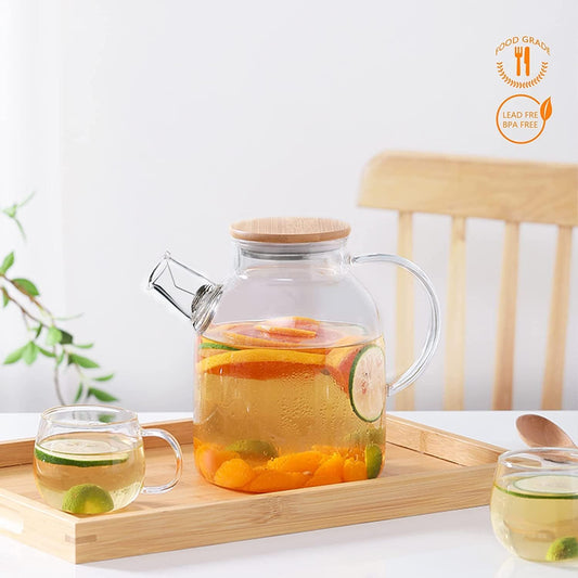 1CHASE Borosilicate Glass Teapot with Bamboo Lid and Removable Infuser, Perfect for Loose Leaf and Blooming Tea 1600ML